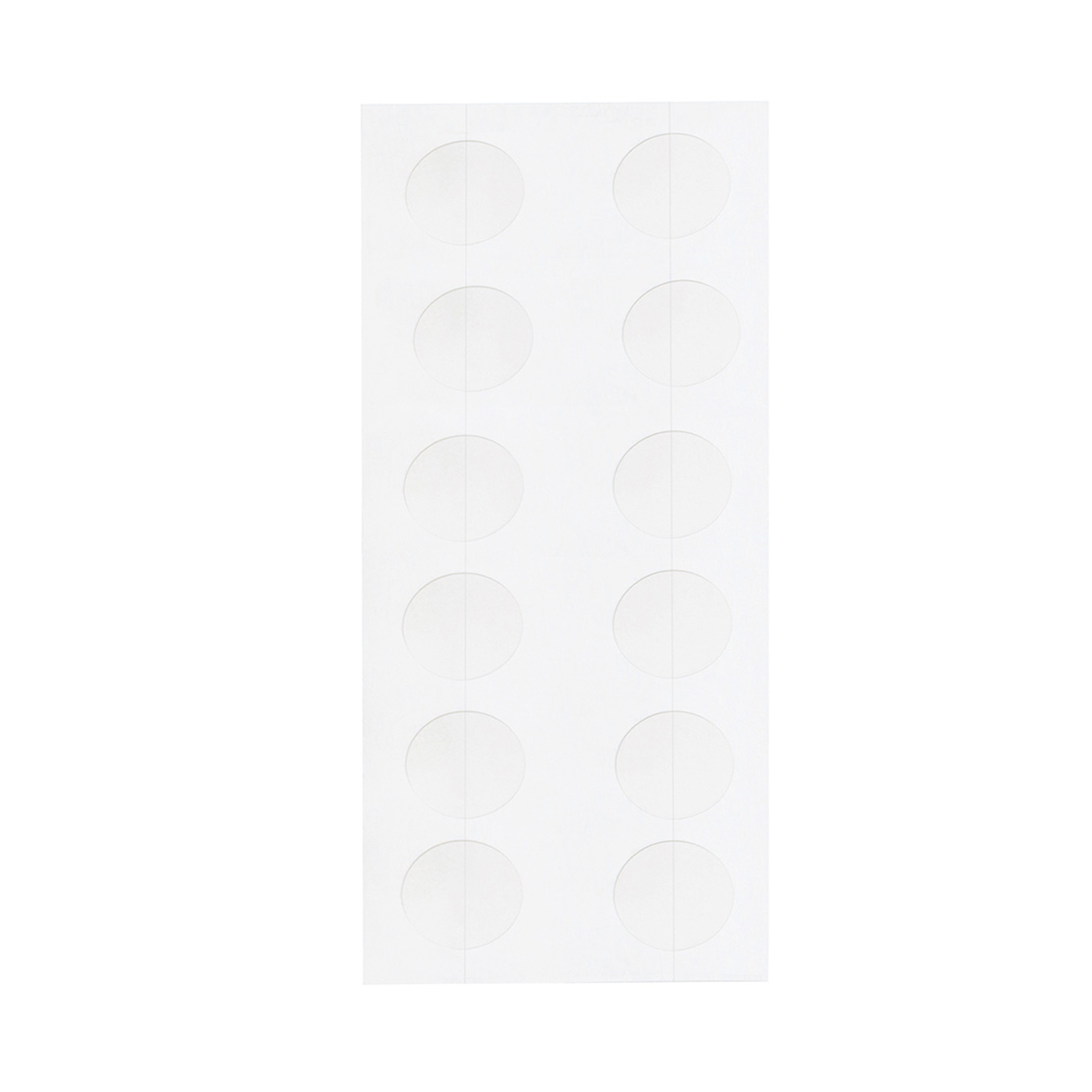 Weiße, runde Aufkleber auf einem rechteckigen Blatt, 12 Stück in zwei Spalten.