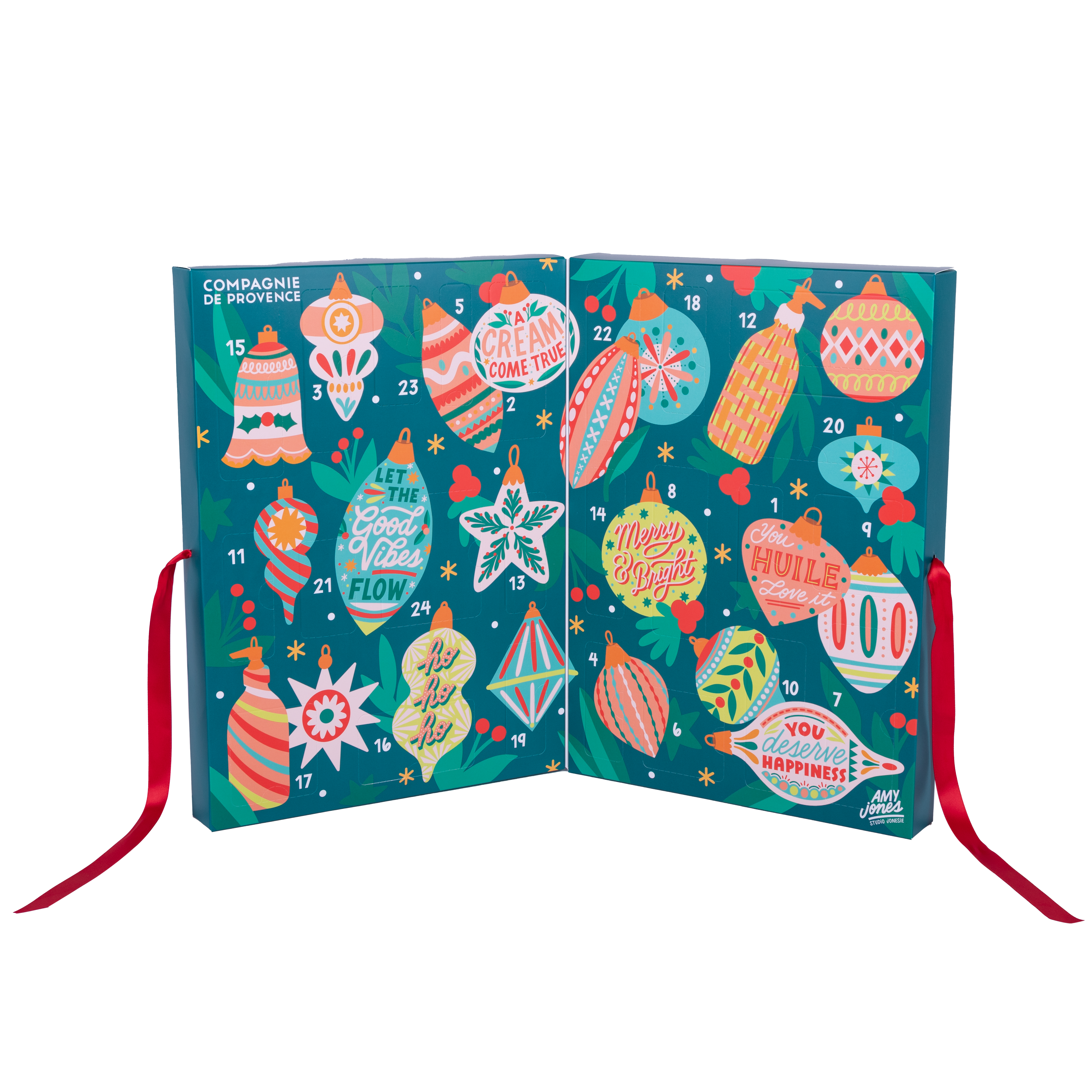 Ein geöffneter Adventskalender mit bunten, festlichen Illustrationen und nummerierten Türchen von 1 bis 24.